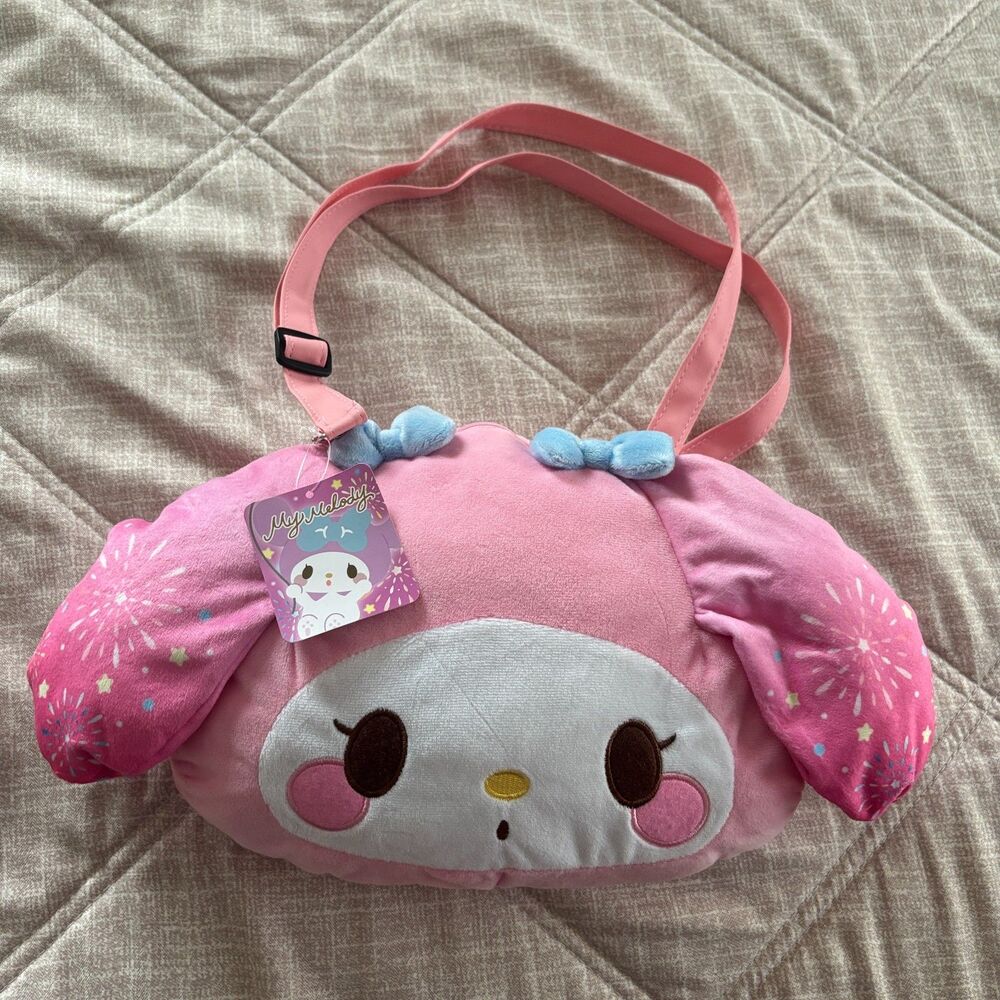 NWT Sanrio My Melody Pink Plush Crossbody Shoulder Bag Fireworks Bow Kawaii